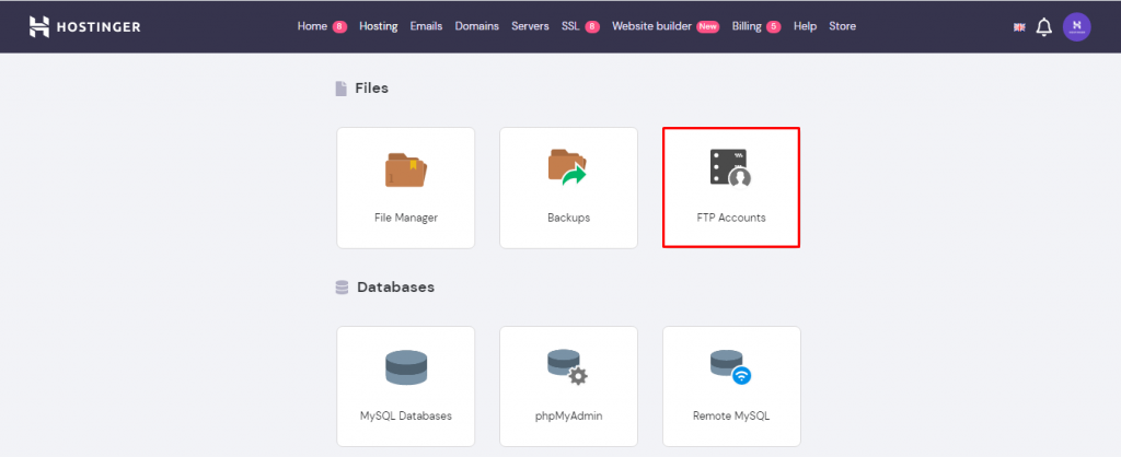 Screenshot demonstrating where FTP account button is located on hPanel