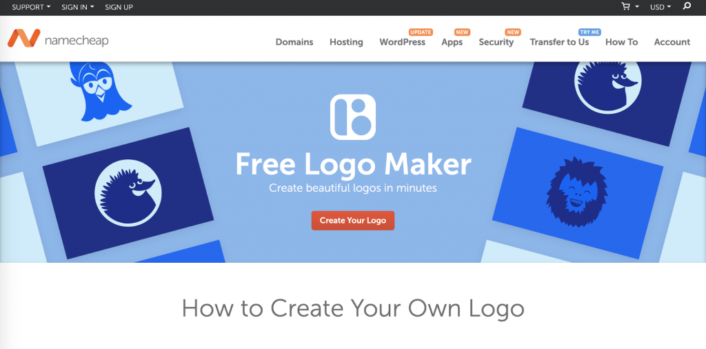 Namecheap's Free Logo Maker landing page