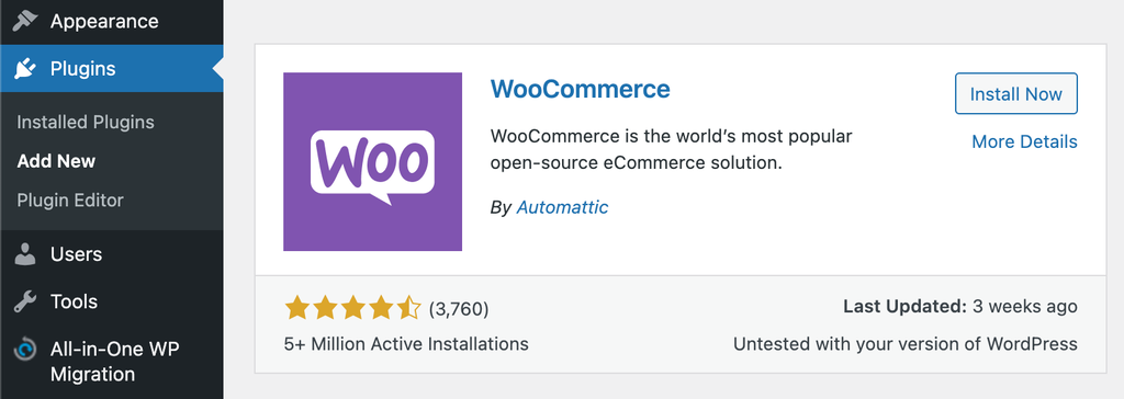 Adding WooCommerce plugin to WordPress.