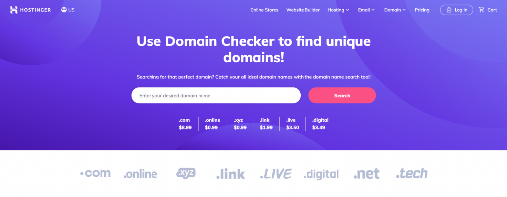 Hostinger's Domain name checker landing page