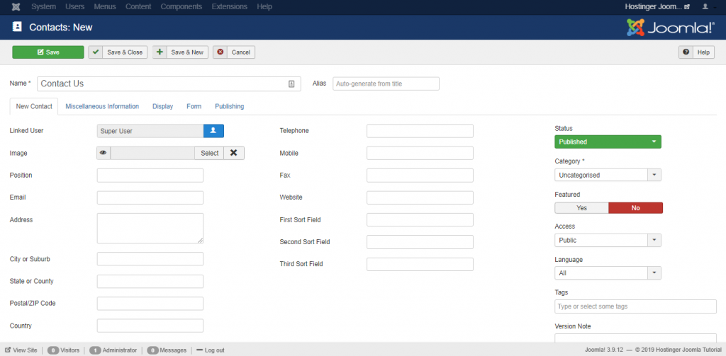 Screenshot of the contacts page in Joomla