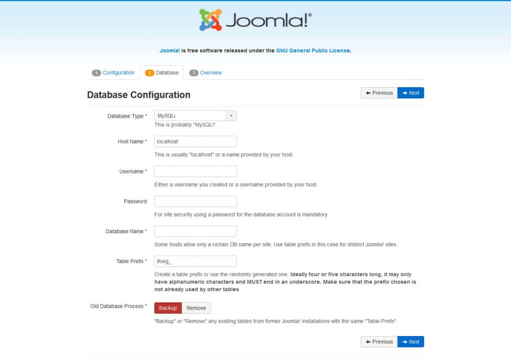 Joomla installation database configuration window