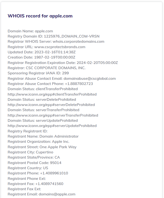 The WHOIS record for apple.com in the Hostinger's Domain Lookup Tool