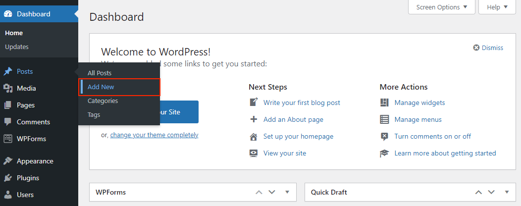 The Posts menu on WordPress dashboard, showing where to click Add New to create a new post