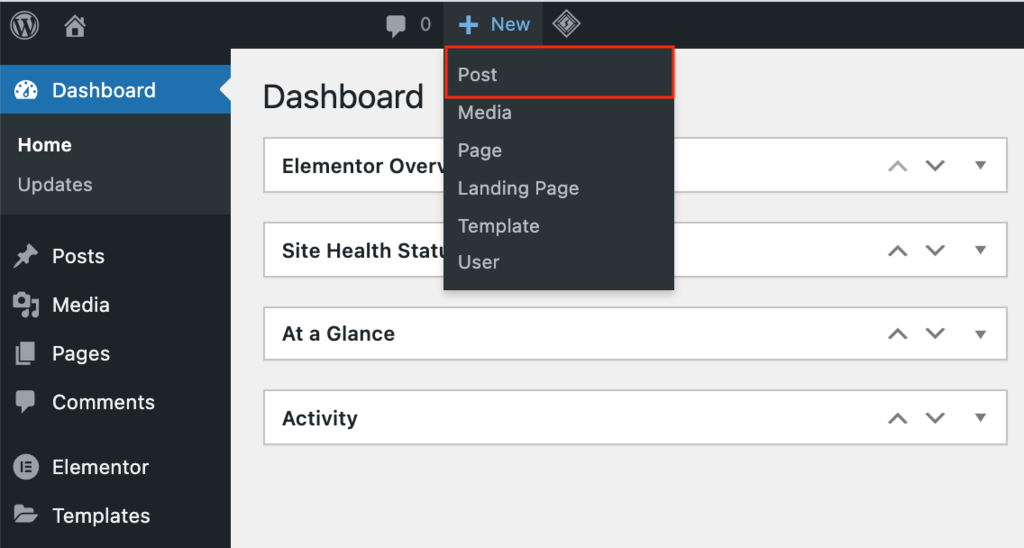 The dashboard top menu, showing where to click the New Post button