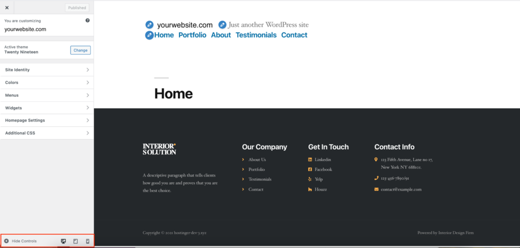 The preview settings on the WordPress theme customizer