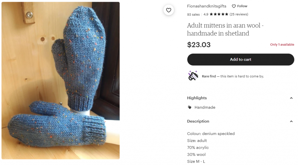An example of handmade mittens for sale online