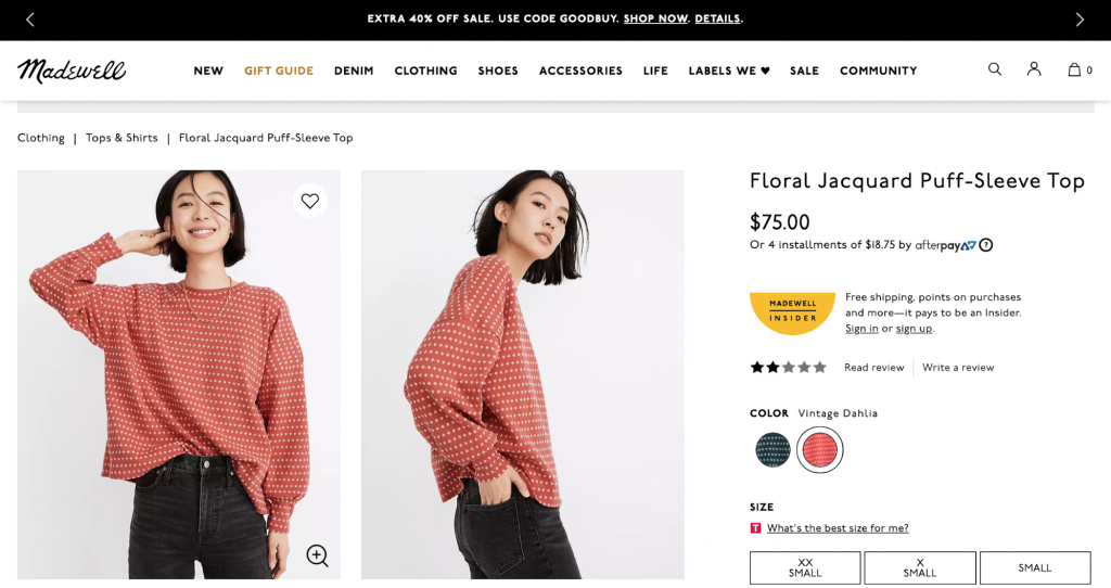 Screenshot of Madewell online clothing store product page