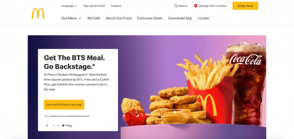 Screenshot of McDonald's website