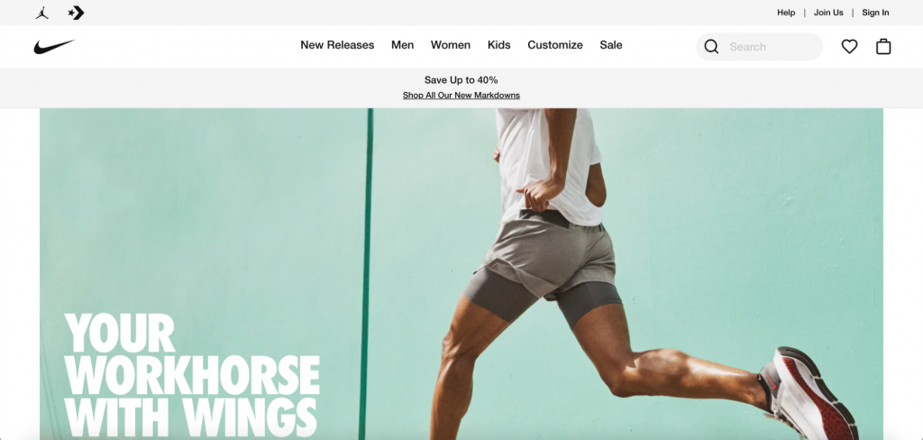 Screenshot of Nike website
