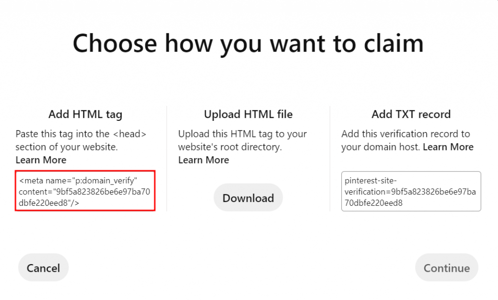 The Choose how you want to claim screen on Pinterest with the Add HTML tag code highlighted