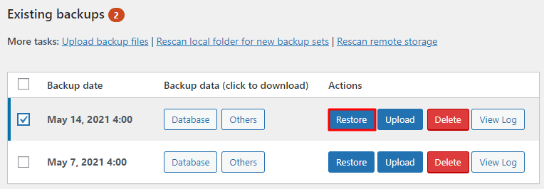 Restoring backup files using UpdraftPlus plugin.
