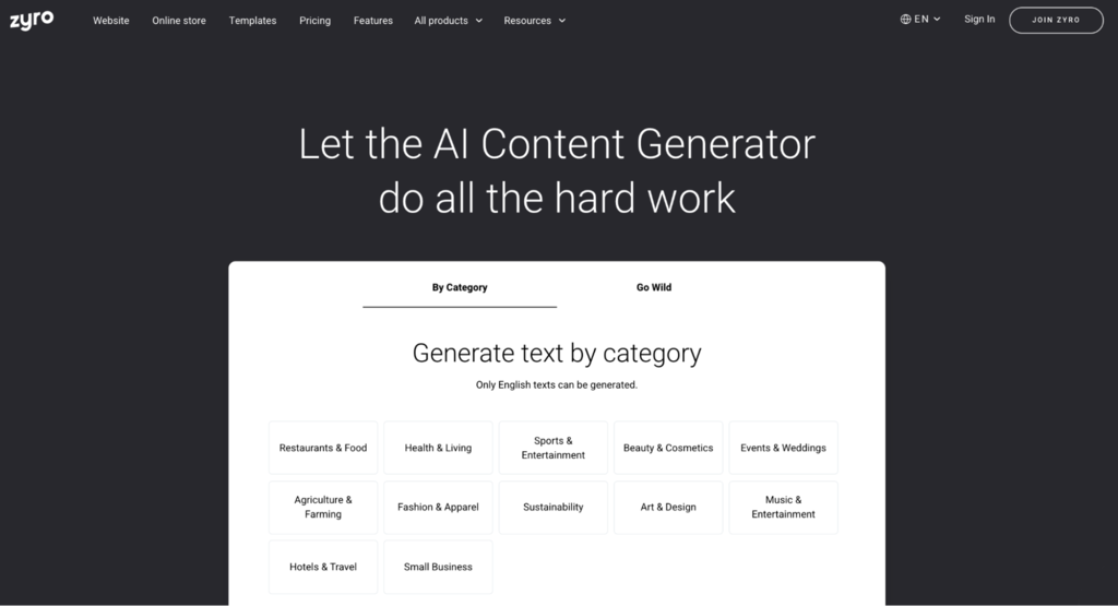 Zyro's AI Content Generator