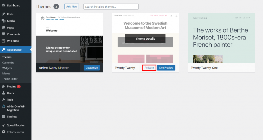 Appearance section in the WordPress dashboard 