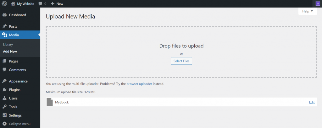 Screenshot of WordPress dashboard showing that the media file was uploaded successfully.