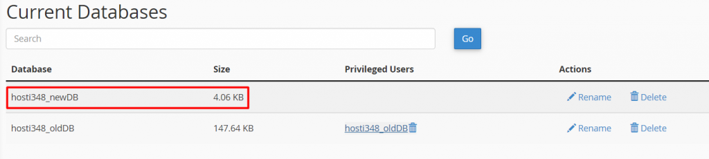 cPanel window showing current databases
