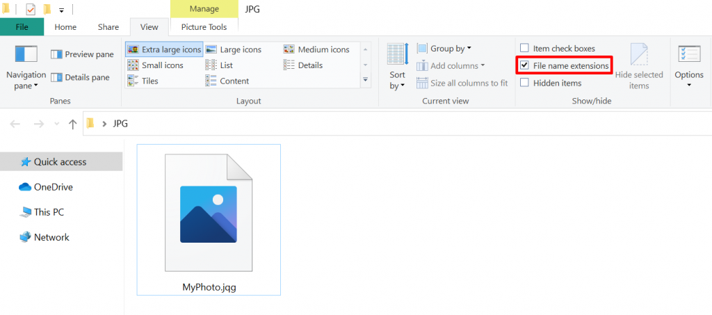 Window showing an incorrect file name extension - .jpq instead of .jpg.