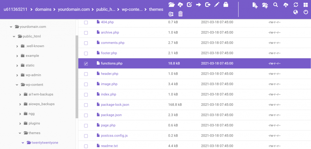 Screenshot of the File Manager showing where to find the functions.php file.