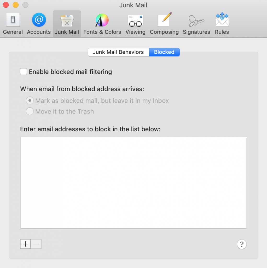 Enabling blocked mail filtering on MacOS.
