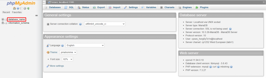 phpMyAdmin page directing to click on database name