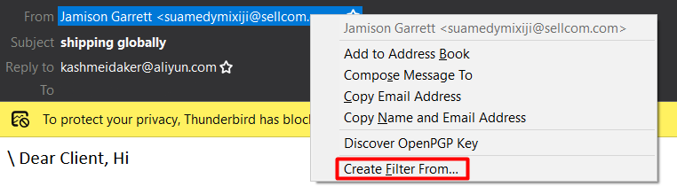 Creating a message filter on Thunderbird.