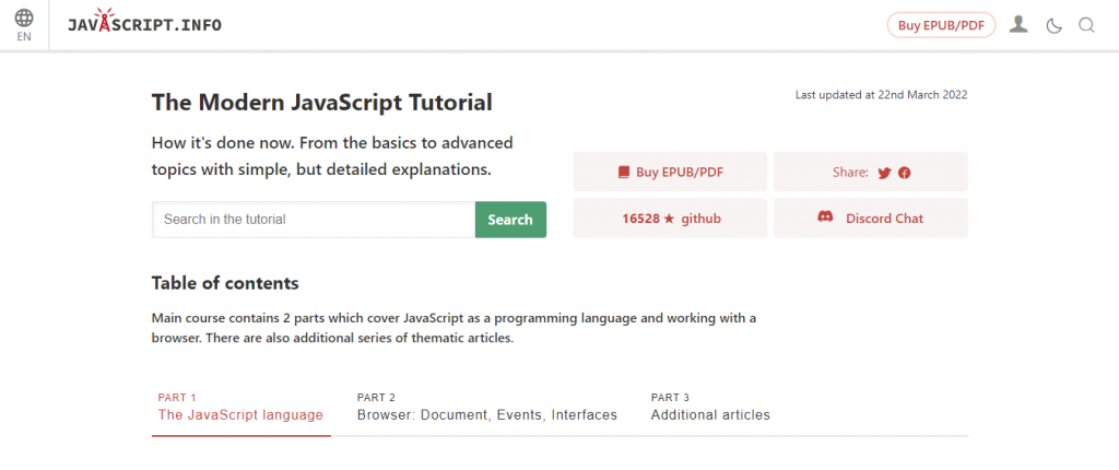 JavaScript.info website homepage