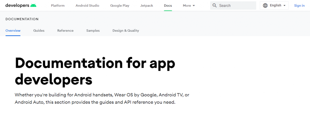 The Documentation page on the Android Developers website