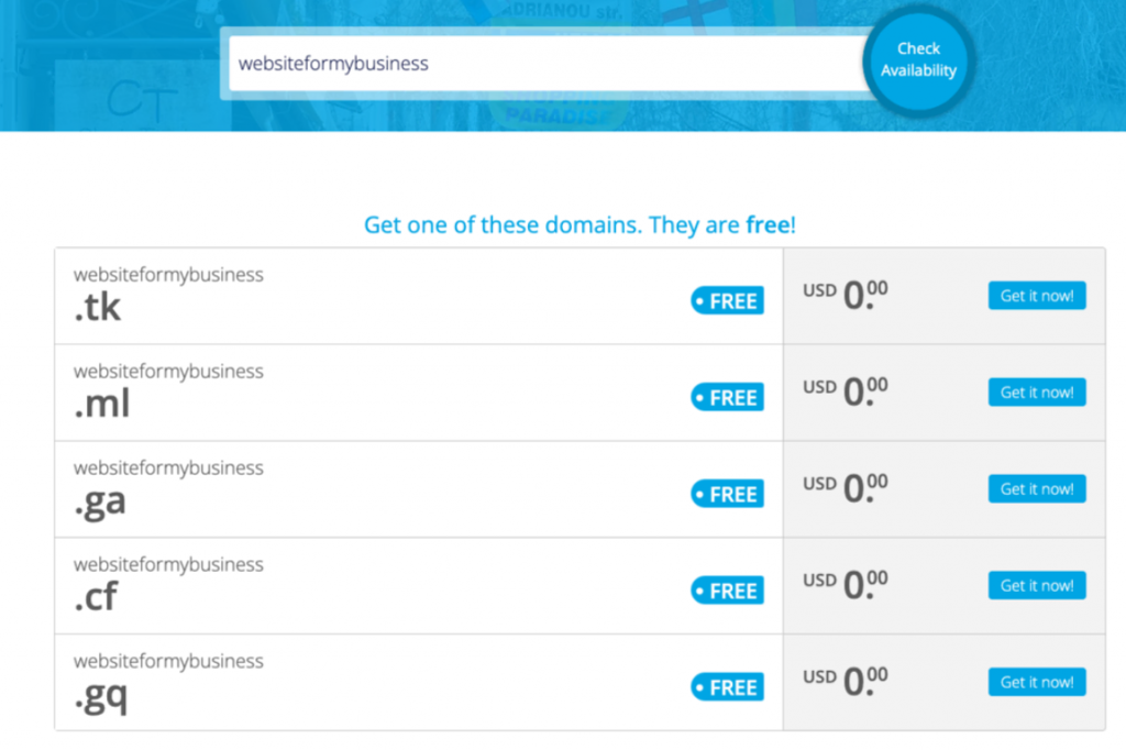 The list of available free domains on Freenom's website