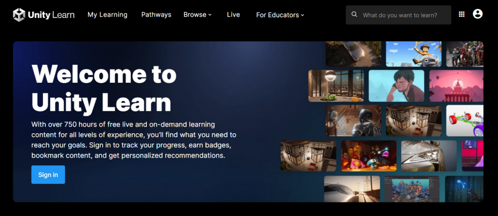Unity Learn website homepage