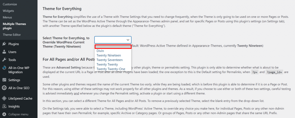 Selecting the blank option in the Multiple Themes plugin's settings.