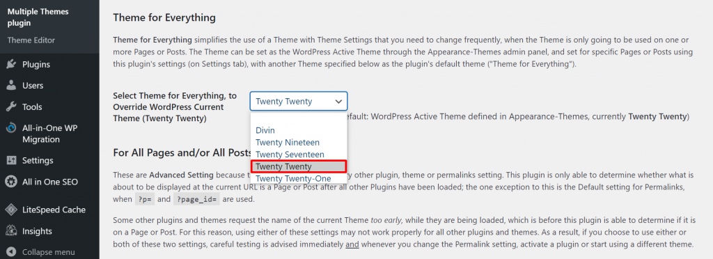 A screenshot from the Multiple Themes plugin's settings showing how to select the theme Twenty Twenty for everything.