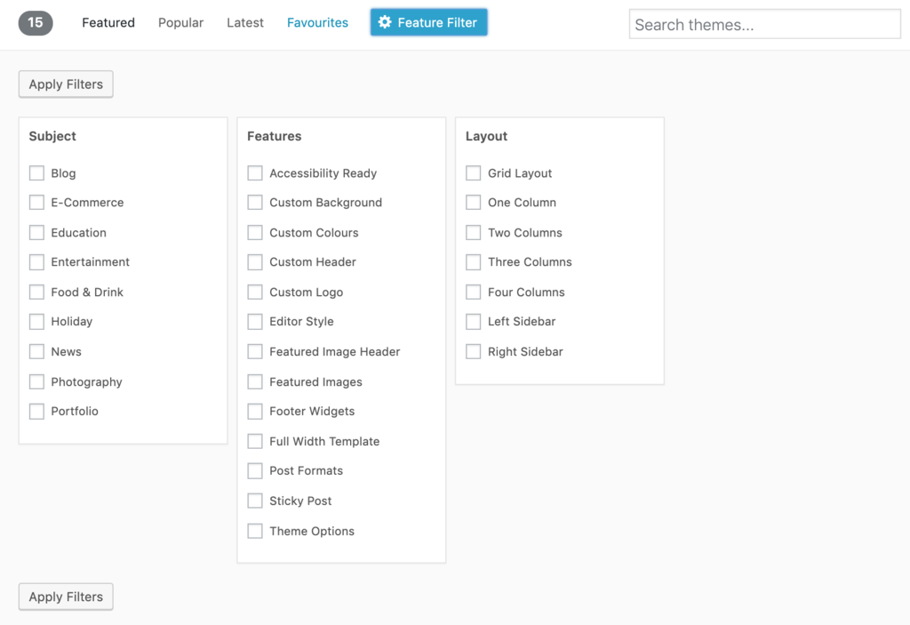A screenshot from the official WordPress directory showing possible subjects, features and layout of a theme.