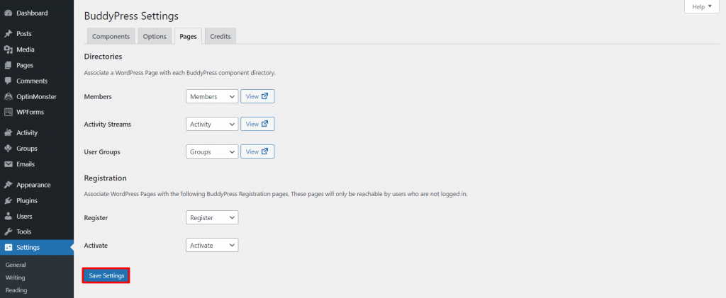 BuddyPress pages settings