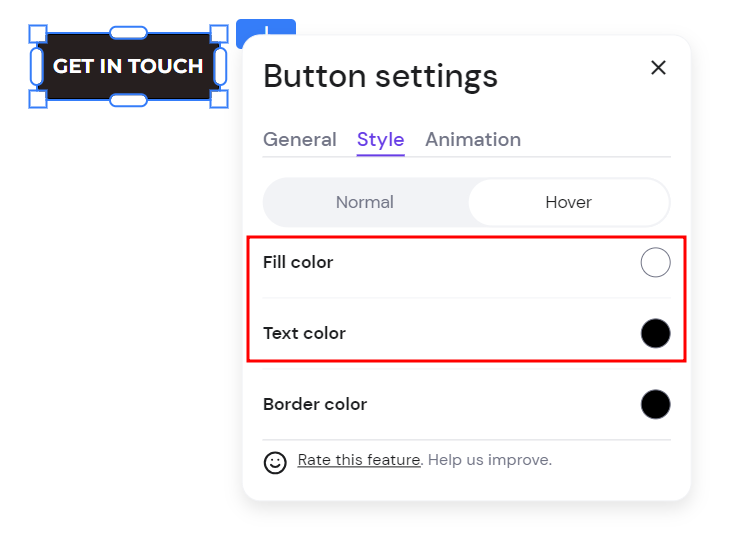 The Button settings window on Hostinger Website Builder with the Fill color and Text color sections highlighted
