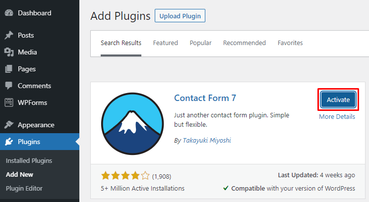 Activating the Contact Form 7 plugin on WordPress.