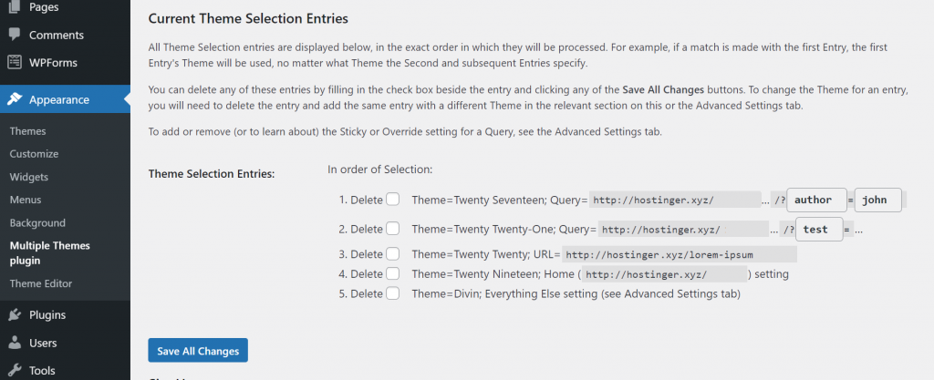 A screenshot from the Multiple Themes plugin's settings showing current theme selection entries.