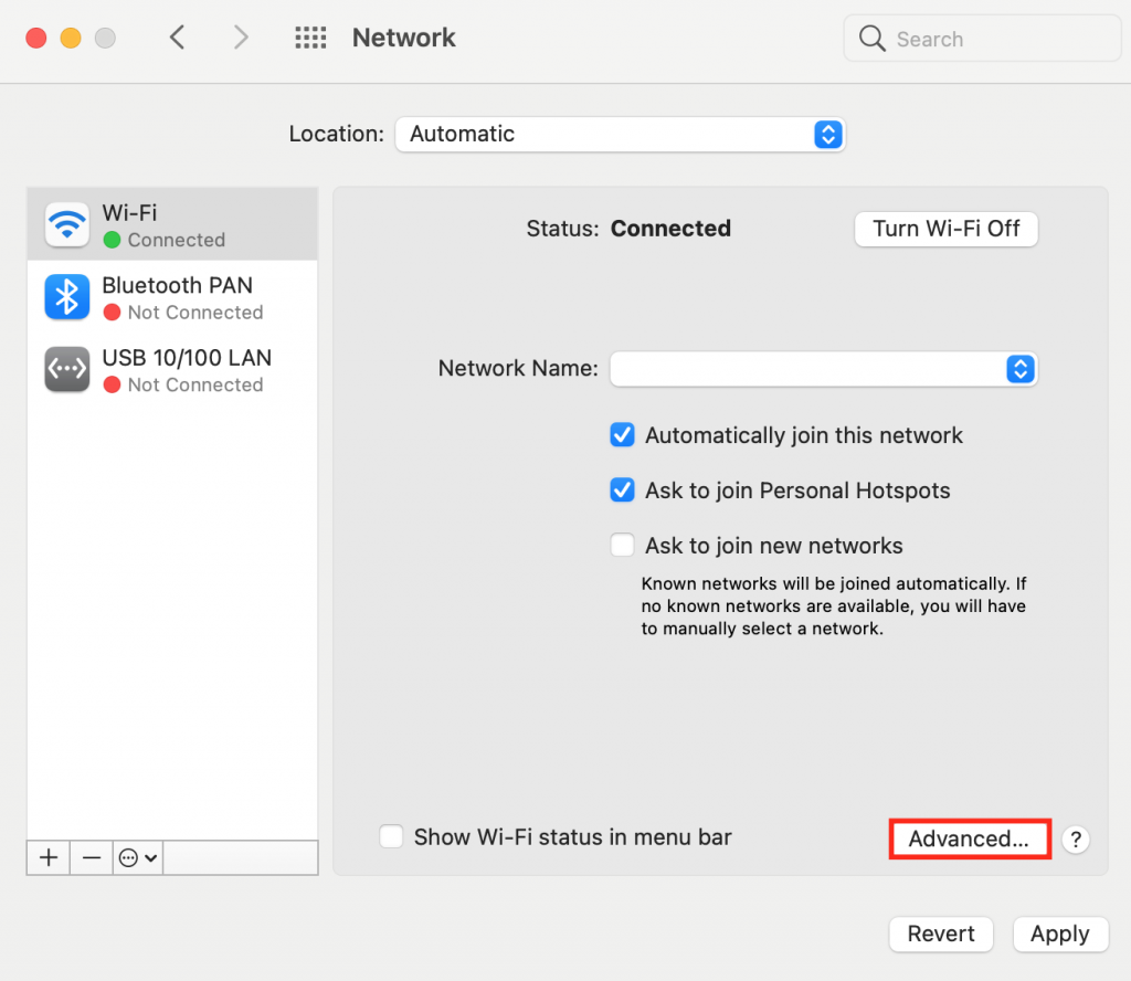 Accessing advanced network preferences on macOS.