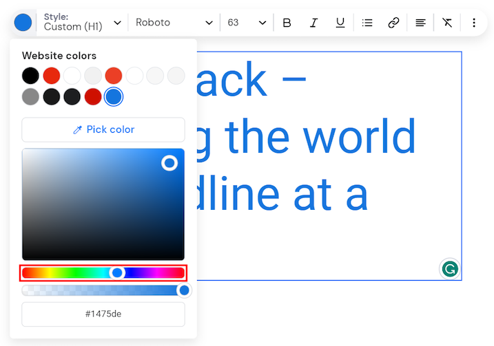 The text element toolbar showing the text color tool with the color slider highlighted