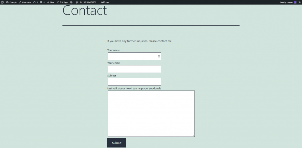 A finished contact form on WordPress.