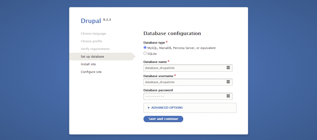 Screenshot from the Drupal installer showing how to enter the database information