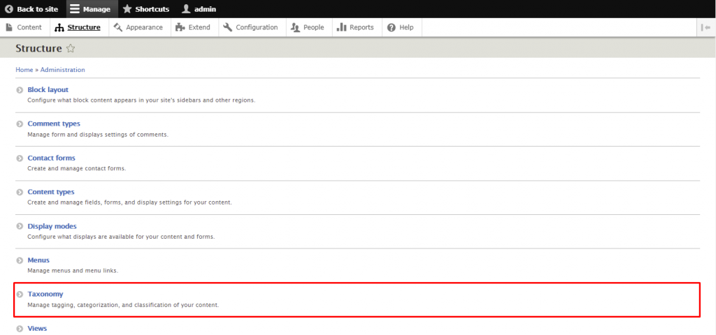 Screenshot from the Drupal dashboard showing where to find taxonomy