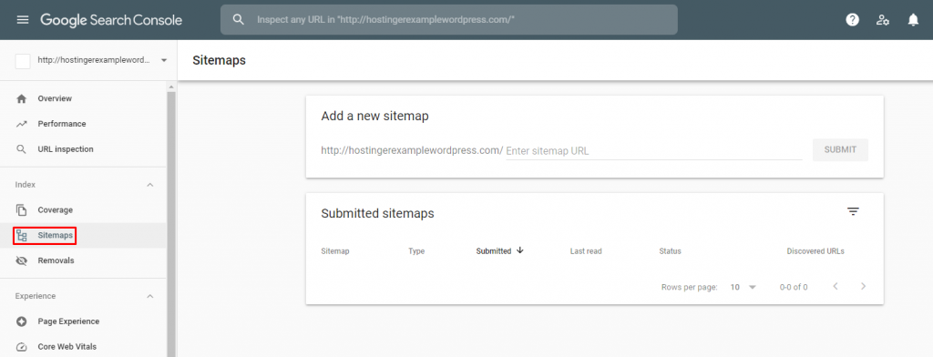 Screenshot from Google Search Console showing where to add a new sitemap.