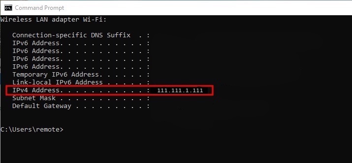 Screenshot from the Command Prompt app showing your IPv4 address
