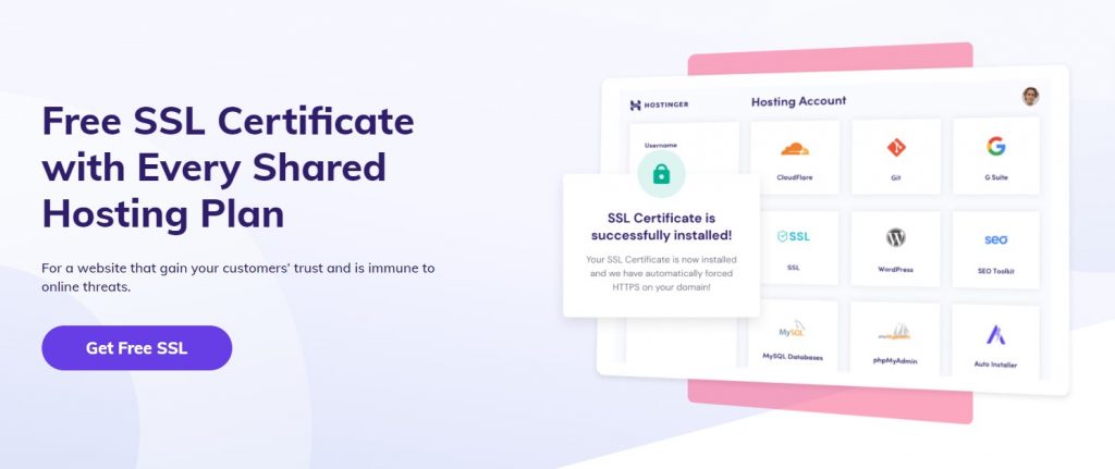 The free SSL certificate page on Hostinger.com that is promoted with every shared hosting plan