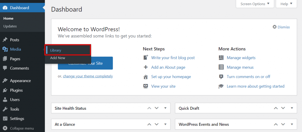 Screenshot from the WordPress media showing where to find the Library.
