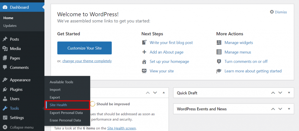 Selecting Site Health in the WordPress dashboard.