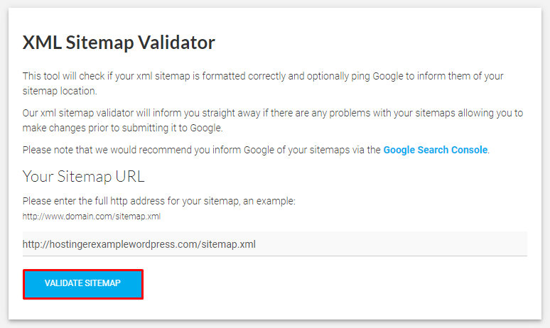 Clicking Validate Sitemap in the XML Sitemap Validator.