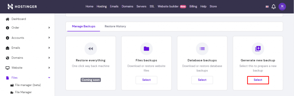 Screenshot from hPanel showing where to click to generate new backup