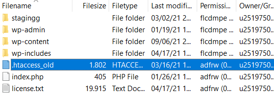 Renaming the .htaccess file to .htaccess_old