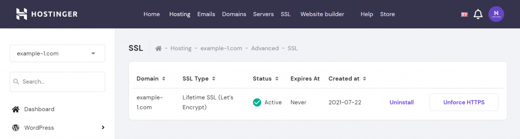Screenshot of successfully installing the SSL certificate.